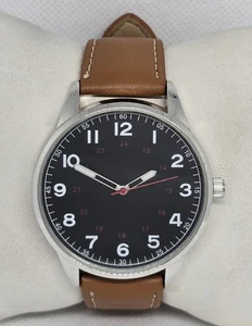 Orologio Uomo Field Stile Militare Quadrante Nero Tono Argento Cinturino Pelle Marrone 09 - Foto 1 di 9