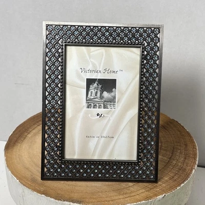 Victorian Home Silver tone Metal Picture Frame W/ Blue Rhinestone Accents 4x6 - Image 1 of 4