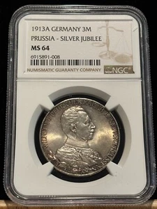 GERMANY 3 Mark 1913-A, PRUSSIA Silver Jubilee, NGC MS 64 Ch UNC, Toned. E2 - Picture 1 of 2