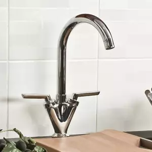 Twin Lever Modern Kitchen Mixer Tap Swivel Spout Mono Chrome Sink Taps Faucet - Picture 1 of 10