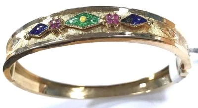 18 Karat Gold Accented Diamond & Ruby Gemstone Enamel Bangle Bracelet B133 - Image 1 of 4
