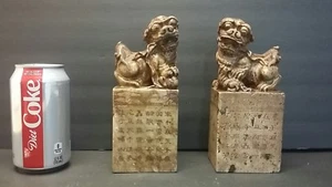 Coppia Antica Pietra Cinese Pietra Foo Cane Statua Sigillo Sigillo Sigillo Verso - 7" - Foto 1 di 12