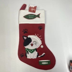 18" Christmas Cat Stocking "Good Kitty" Felt 3D Embellished Red Santa Hat Paw - Picture 1 of 8