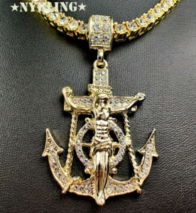 ICED Jesus Anchor Pendant w/ Rope or Tennis Chain Necklace Plated CZ Jewelry - Picture 1 of 25