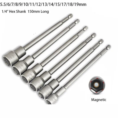 Magnetic Nut Driver Socket Set 150mm Long Impact Drill Bit 1/4" Hex 5mm to 19mm - Image 1 of 4