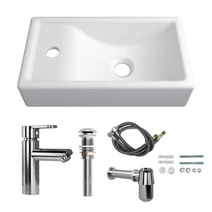MEJE 16-Inch Wall Hung Basin Sink Combo, Small Rectangle Cloakroom Basin - Left - Picture 1 of 13