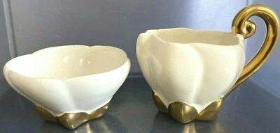 Gold Ivory Art Deco Creamer and Sugar Set Porcelain Mid Century  Pearl Lustre - Image 1 of 4