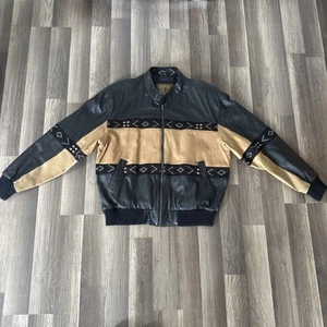 Vintage Adler schwarz Leder Bomber durchgehender Reißverschluss Southwestern Jacke Mantel Azteken Herren XL - Bild 1 von 8