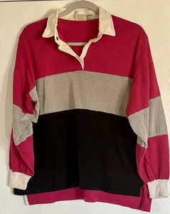 Vintage 90s Colorblock Rugby Shirt Fuchsia Pink Grau Schwarz Preppy Retro L - Bild 1 von 9