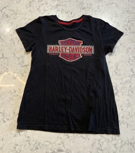 Camiseta negra Harley-Davidson con logotipo de diamantes de imitación para mujer mediana St. Cloud MN - Imagen 1 de 4