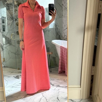 Vtg 60s/70s Handmade Pink Geometric Knit Maxi Dress, Collar, Short Sleeve S/M - Image 1 of 4