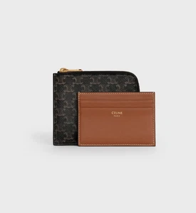 Celine Zip TRIOMPHE Canvas Wallet W/ Lamb Skin Leather Brown Card Holders Set - Picture 1 of 13