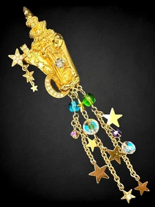 Vintage Kirks Folly Merlin Zauberer Brosche goldfarben Strass Stern Kristall Perlen - Bild 1 von 9