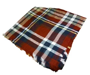 Scarf Shawl Wrap Tartan Plaid Fringe Square Blanket Blue Red Tan 112"×112" - Picture 1 of 6