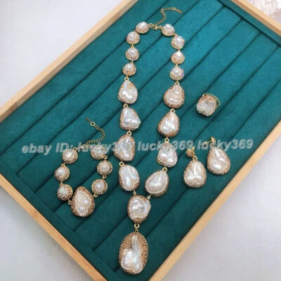 Natural White Baroque Keshi Pearl Inlay Gold Stud Earring Ring Bracelet Necklace - Image 1 of 4