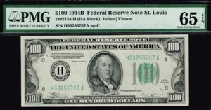 $100 1934B St. Louis FRN. Fr. 2154-H. PREMIUM QUALITY GEM NOTE. PMG 65 EPQ - Picture 1 of 2