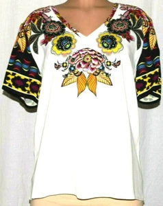 ETRO SHORT SLEEVE V-NECK IVORY WITH MULTI-COLOR FLORAL PRINT BLOUSE SIZE 48 - Picture 1 of 7