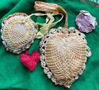 4 Antique Vintage Hand Crocheted Vanity Sachet Pillow Pincushion Hearts Ribbons