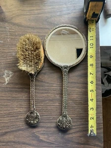 Antique art Nouveau Victorian filigree gold guilt vanity hand mirror hairbrush. - Picture 1 of 7