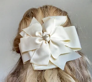 LARGE 6” ROUND WHITE IVORY RIBBON HAIR BOW WOMEN / GIRLS ACCESSORIES BEAUTIFUL  - Picture 1 of 4