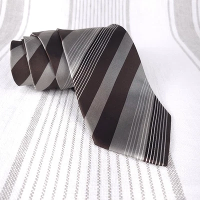 GIORGIO ARMANI Tie Brown Silver Diagonal Stripe Silk Italy Necktie Formal 57in - Image 1 of 4