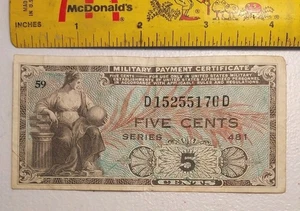 1951-54 US Military Payment Certificate 5 Cents Note Series 481 Korean War Era - Bild 1 von 2