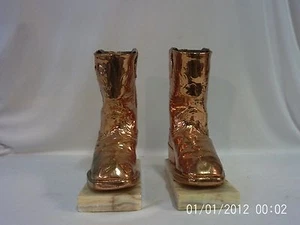 Pair Vintage Copper Coated Baby'S First Pair Cowboy Boots Marble Base 0041010 - Picture 1 of 7