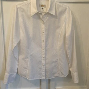 TALBOTS Womens Sz 16 Tone On Tone White Lg Sleeve Button Up Shirt Blouse VGUC - Picture 1 of 14