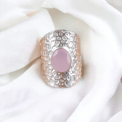Anel feminino de pedra preciosa natural calcedônia rosa prata esterlina 925 fofo presente - Imagem 1 de 4