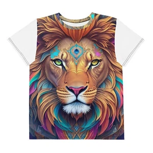 Teenage Crew Neck T-Shirt Unique Art Lion Mandala Multicolore Original - Picture 1 of 20