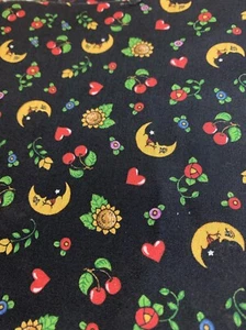 FAT QUARTER MARY ENGELBREIT MOON CHERRIES FLORAL ON BLACK COTTON FABRIC - Picture 1 of 5