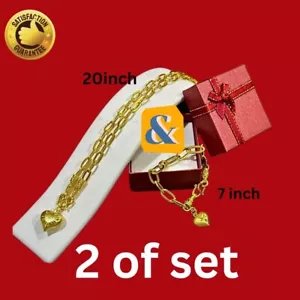Set Heart 22K 23K 24K Thai Yellow Gold Plated Necklace Pendant Women Girl - Picture 1 of 6
