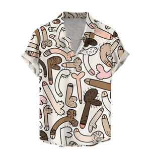 Funny Penis Printed T Shirt Men Button Down Hawaiian Tops Novelty Summer Gift UK - Picture 1 of 28