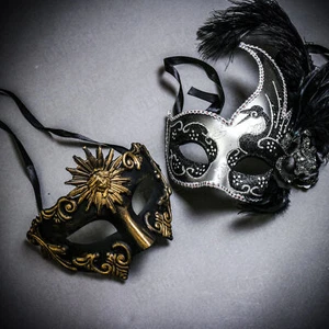 Black Gold Roman Greek Emperor & Silver Black Side Feather Glitter Couple Masks - Picture 1 of 1