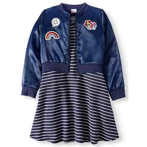 Girl's XS 2Pc Dress & Jacket Set Navy Blue Stripes Fun Whimsical Flared Skirt - Picture 1 of 10
