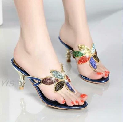 Chanclas zapatos para mujer con pedrería brillantes flores tacones de aguja  Foto 1 de 4