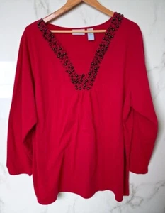 Liz & Me rot verziertes Top Damen Übergröße 2X V-Ausschnitt schwarz Perlenbesatz Shirt - Bild 1 von 9