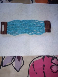 Tourquoise Coloured 16 Row Beaded Bracelet Wooden Clasp 8" length 3" wide - Picture 1 of 2