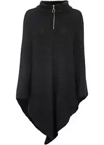Neu Poncho mit Fellimitat Schwarz Damen Pullover mit goldfarbenen Reißverschluss - Bild 1 von 1