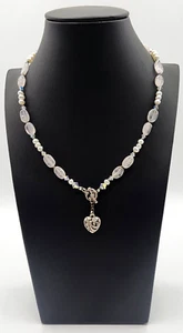Vtg? Rose Quartz Freshwater Pearls Sterling Silver Heart Toggle & Beads Necklace - Picture 1 of 5