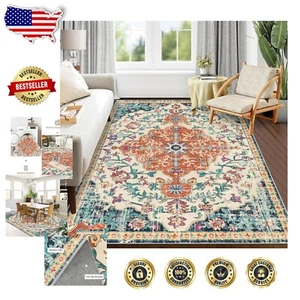 5x7 Vintage Boho Floral Area Rug - Non-Slip, Machine Washable Living Room Accent - Picture 1 of 10
