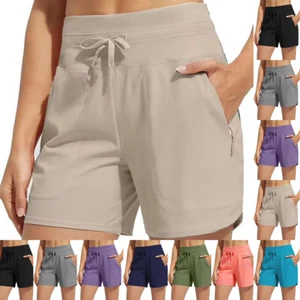 New Ladies Quick Dry High Waist Yoga Pants Lined Sports Gym Shorts Zip Pocket - Picture 1 of 18