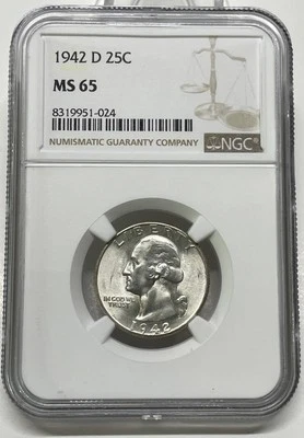 Moeda de 25 centavos de prata Washington 1942-D NGC MS65 - Imagem 1 de 4