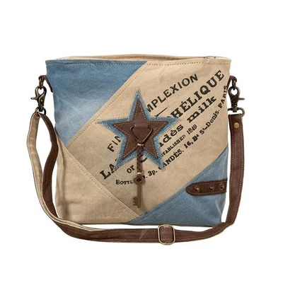 Myra Bag Handmade Blue Star Messenger Bag Upcycled Canvas & Cowhide Leather - Image 1 of 4