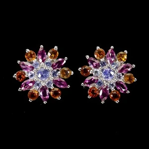 925 Sterling Silver Earrings Marquise Rhodolite Tanzanite Natural Gemstone - Picture 1 of 14