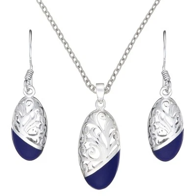 Silverly Set Orecchini e Collana Argento 925 Ovale in Filigrana Inserto Blu - Immagine 1 di 3