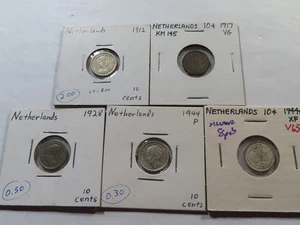 V65 Netherlands 1912 1917 1928 1944 Silver 10 Cents Mixed Date Group 5 pcs - Picture 1 of 2