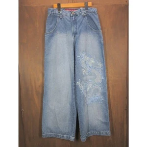 Vintage 90s JNCO Jeans Dragon Embroidered Denim Wide Leg W31 Distressed - Picture 1 of 10