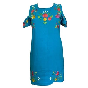 Pre Owned Blue Hand Made Embroidered Flower Dress M - Picture 1 of 7