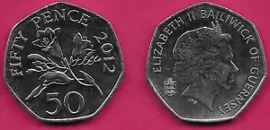 GUERNSEY 50 PENCE 2012 UNC FREESIA FLOWERS,QUEEN ELIZABETH II FACING RIGHT,Scrip - Picture 1 of 1